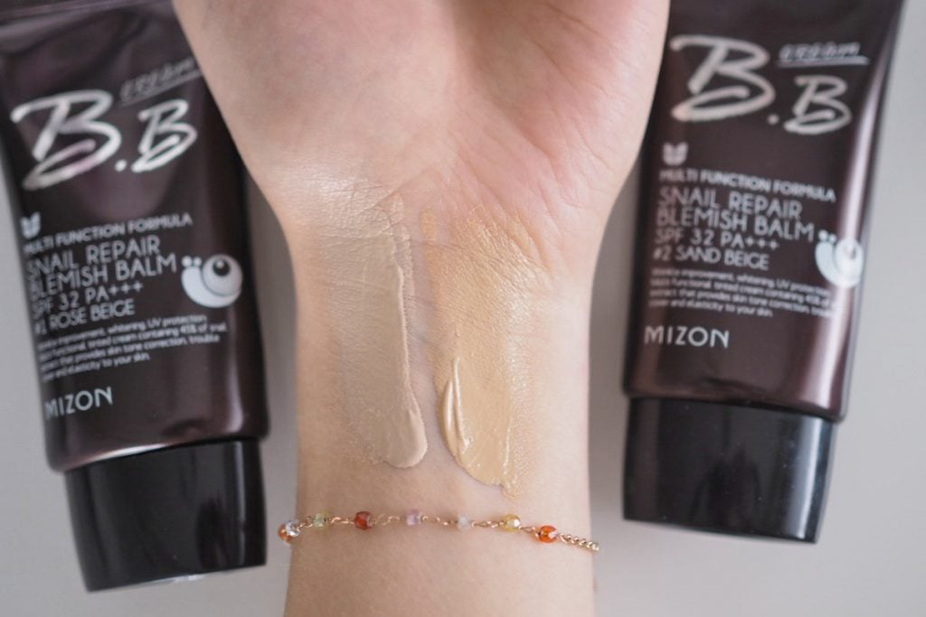 Mizon Snail Repair BB Cream Rose Beige and Sand Beige Swatches