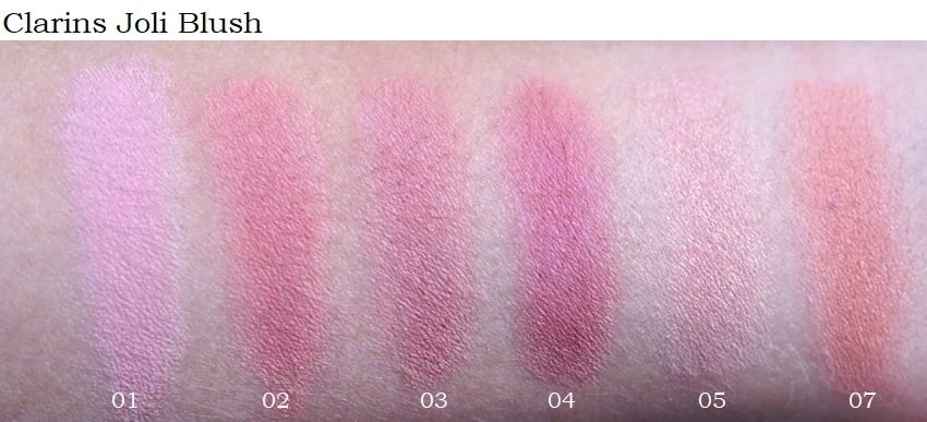 Clarins Joli Blush Shades (01 cheeky baby, 02 cheeky pink, 03 cheeky rose, 04 cheeky purple, 05 cheeky boum, 07 cheeky peach) swatches